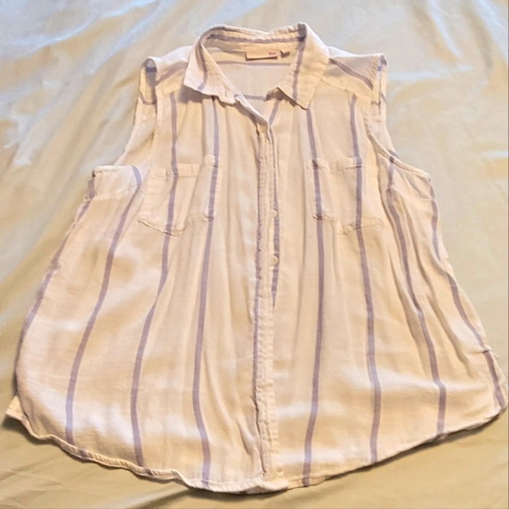 SO Sleeveless Button-Down Shirt in White and Purple Stripes